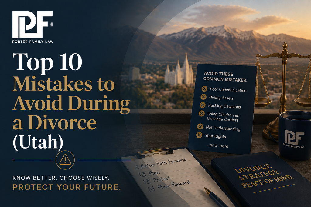 Porter Family Law graphic highlighting the top 10 mistakes to avoid during a divorce in Utah